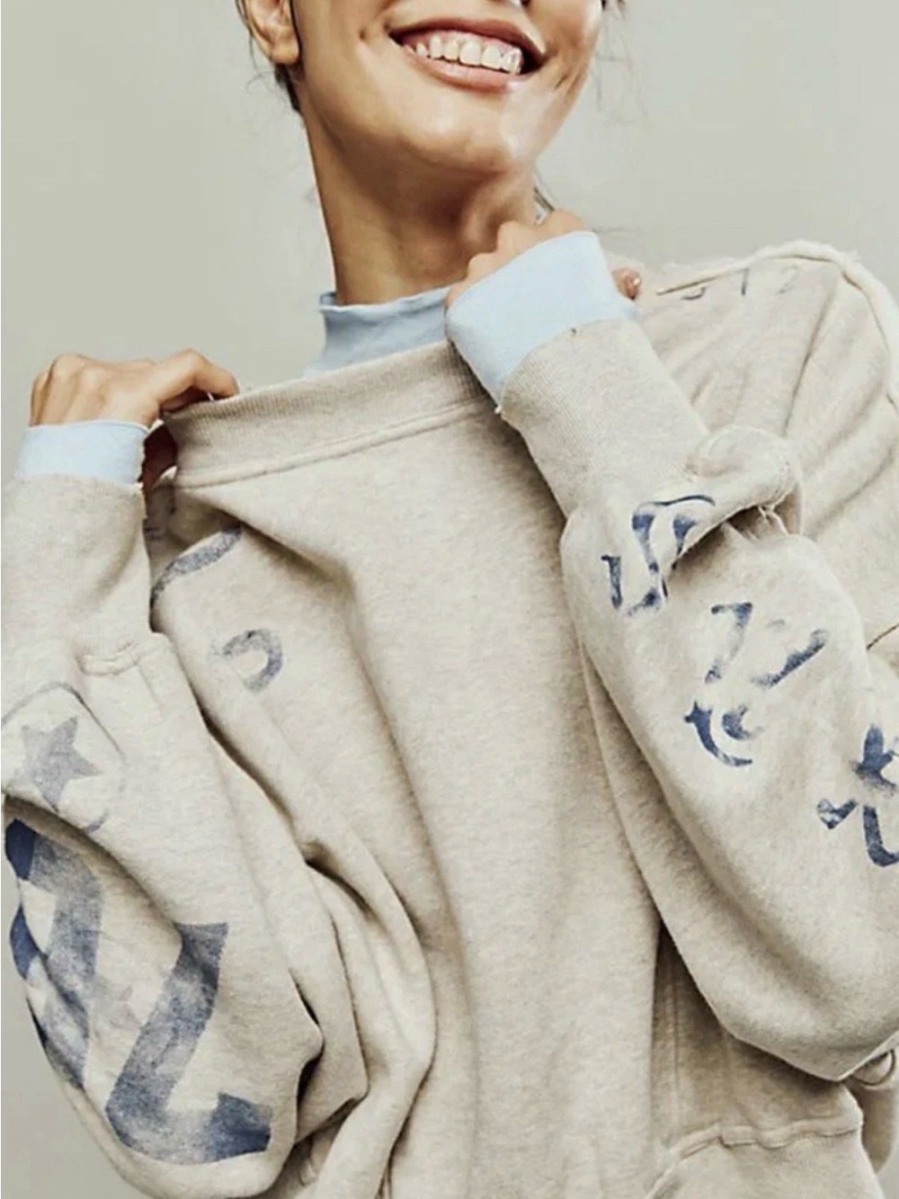 Free People Gaia Sweatshirt Oversized Rib Trim Drop Sleeve Graphic Numbers Grey - Picture 2 of 5